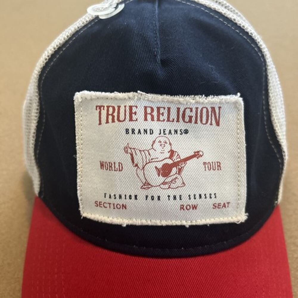 True Religion Trucker Frayed Edge Buddha Hat OS Red/Navy/White NWT - Picture 2 of 6